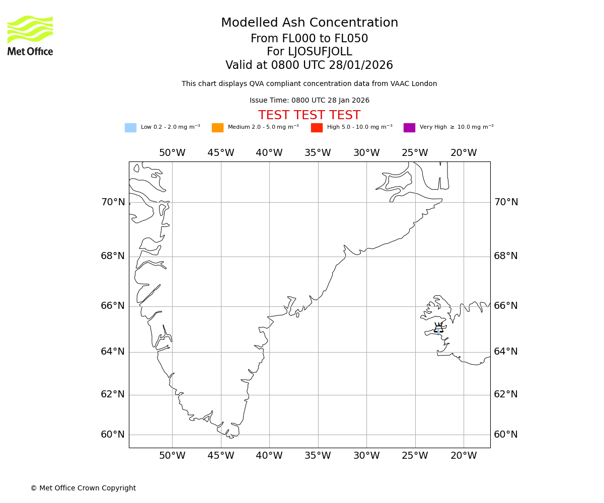 Modelled ash concentration from 000 to 050 for LJOSUFJOLL. Valid at 0800 UTC 28/01/2026