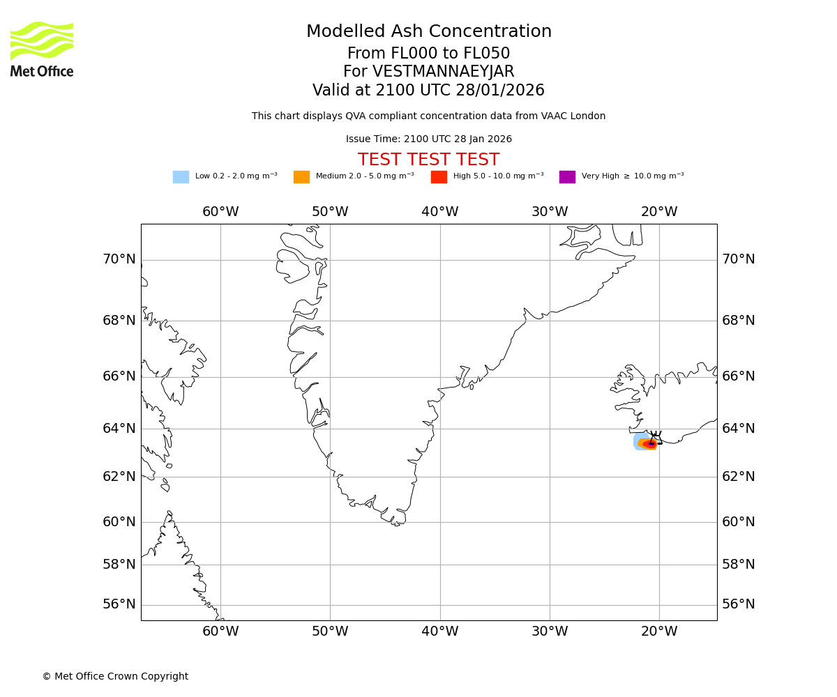 Modelled ash concentration from 000 to 050 for VESTMANNAEYJAR. Valid at 2100 UTC 28/01/2026