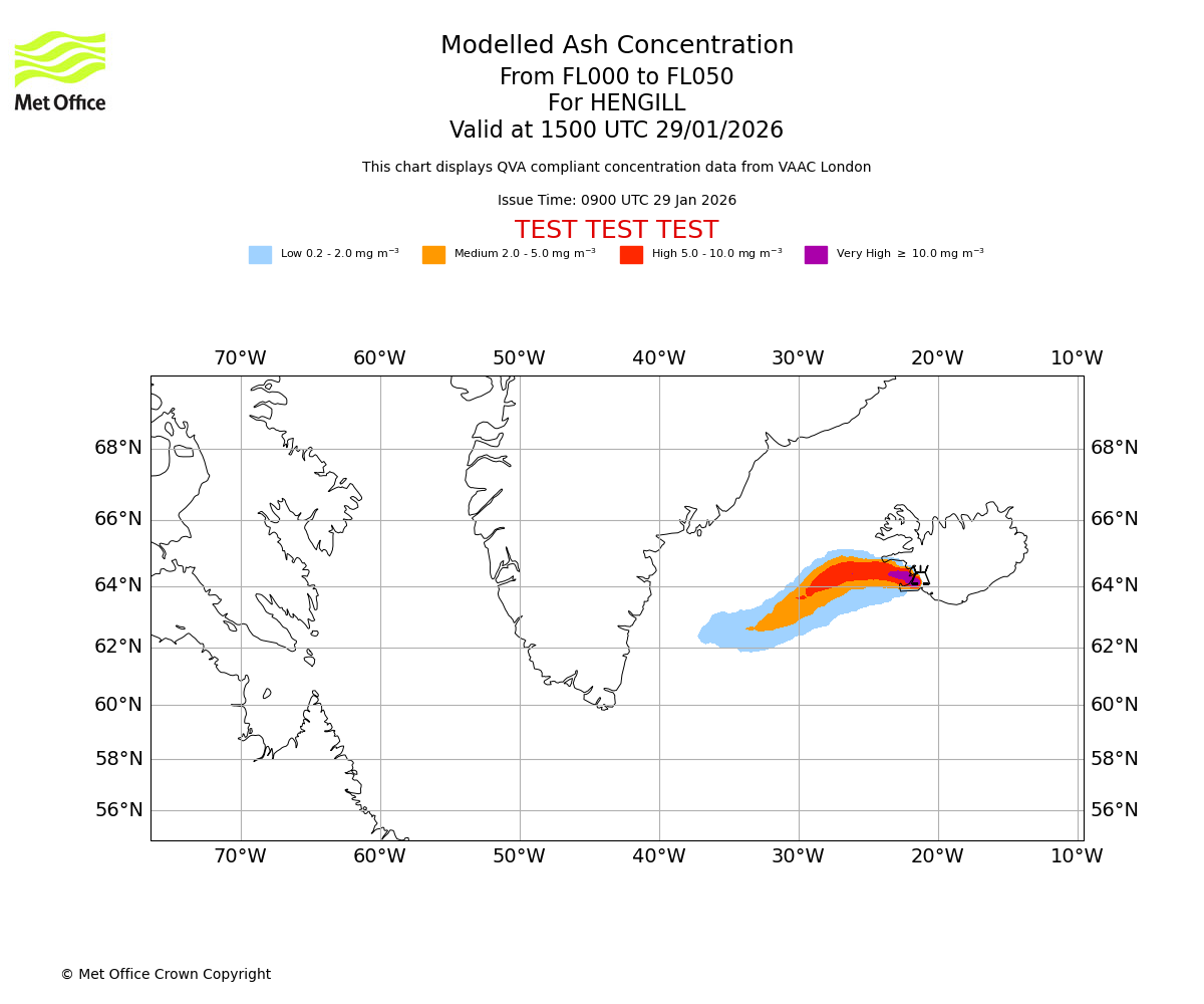 Modelled ash concentration from 000 to 050 for HENGILL. Valid at 1500 UTC 29/01/2026