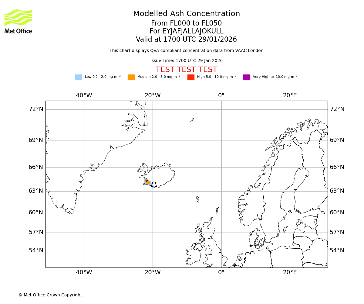 Modelled ash concentration from 000 to 050 for EYJAFJALLAJOKULL. Valid at 1700 UTC 29/01/2026