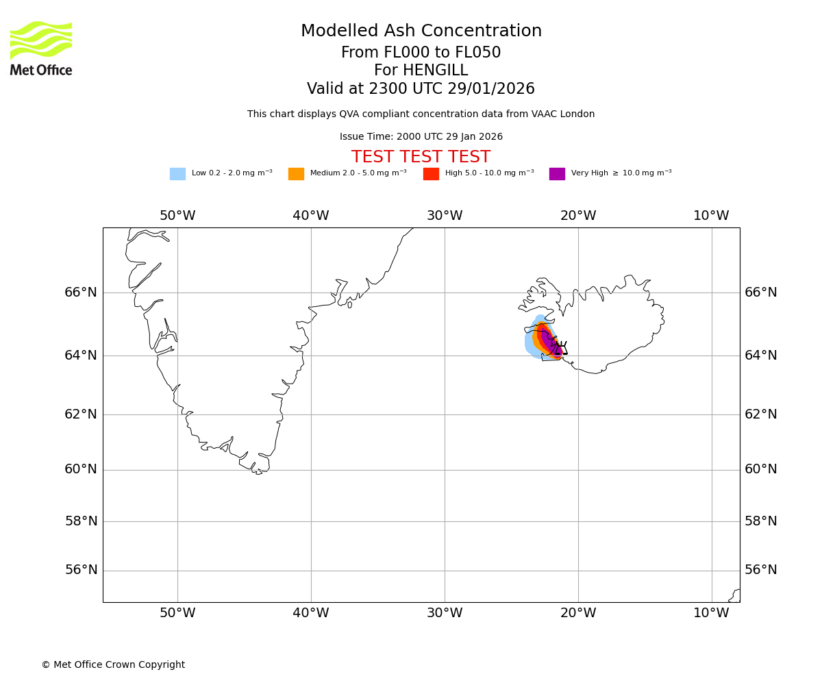 Modelled ash concentration from 000 to 050 for HENGILL. Valid at 2300 UTC 29/01/2026