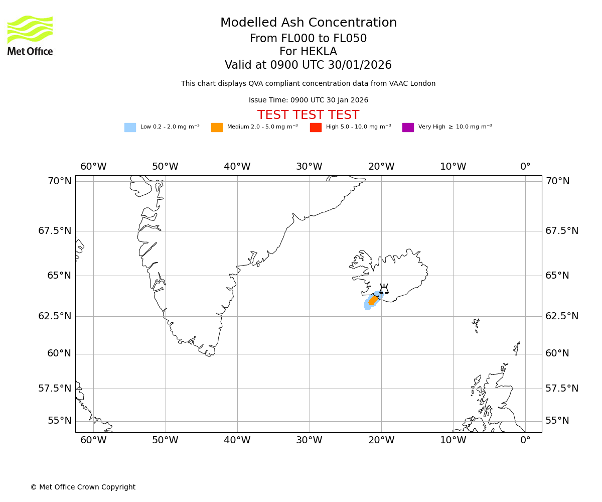 Modelled ash concentration from 000 to 050 for HEKLA. Valid at 0900 UTC 30/01/2026