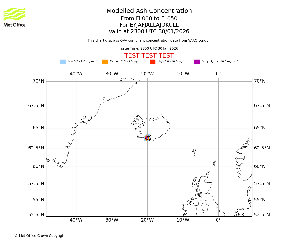 Modelled ash concentration from 000 to 050 for EYJAFJALLAJOKULL. Valid at 2300 UTC 30/01/2026