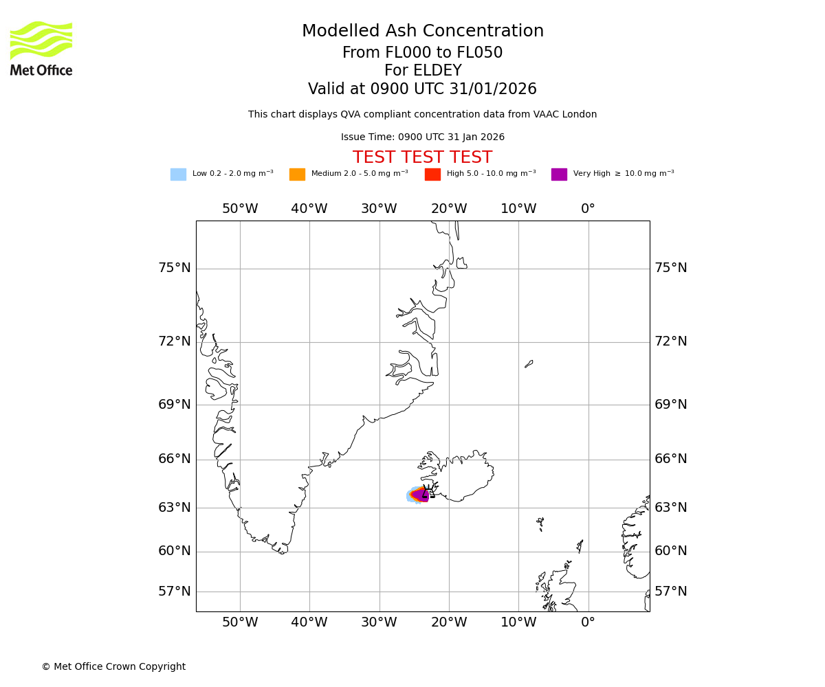 Modelled ash concentration from 000 to 050 for ELDEY. Valid at 0900 UTC 31/01/2026