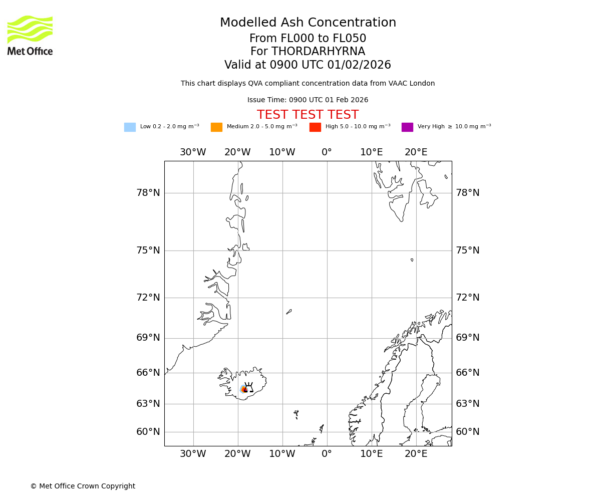 Modelled ash concentration from 000 to 050 for THORDARHYRNA. Valid at 0900 UTC 01/02/2026