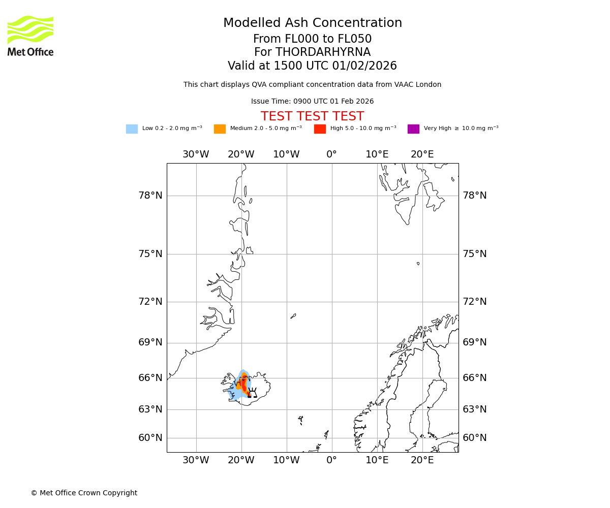 Modelled ash concentration from 000 to 050 for THORDARHYRNA. Valid at 1500 UTC 01/02/2026