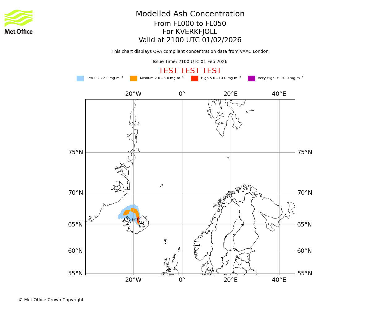 Modelled ash concentration from 000 to 050 for KVERKFJOLL. Valid at 2100 UTC 01/02/2026