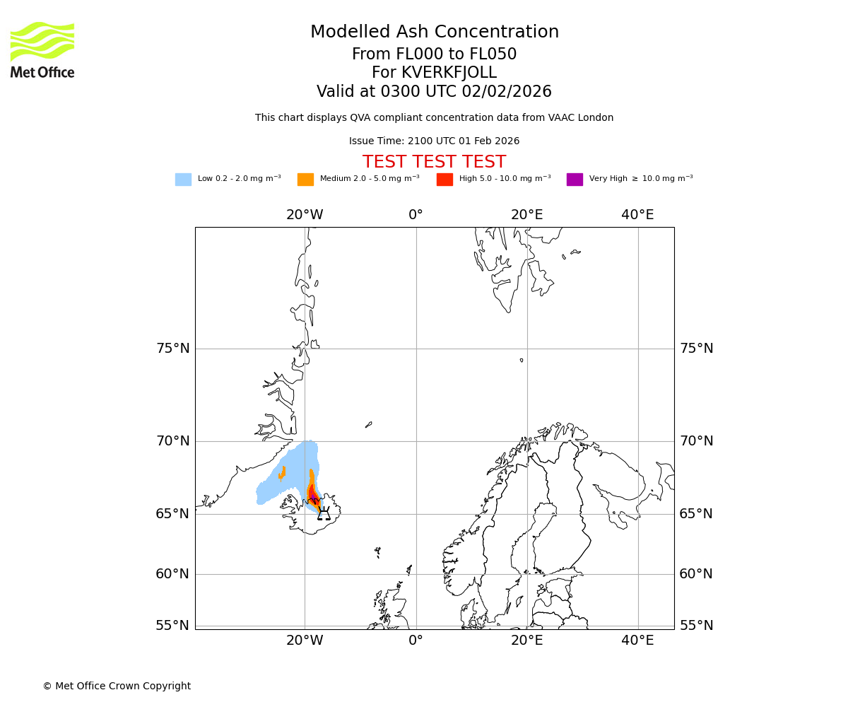 Modelled ash concentration from 000 to 050 for KVERKFJOLL. Valid at 0300 UTC 02/02/2026
