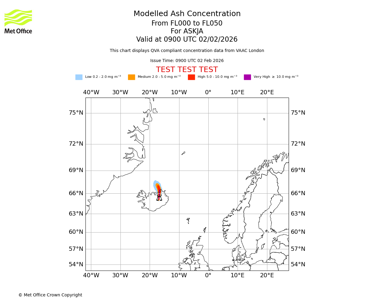 Modelled ash concentration from 000 to 050 for ASKJA. Valid at 0900 UTC 02/02/2026