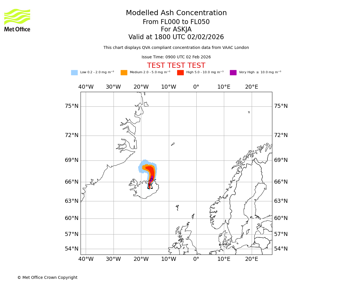 Modelled ash concentration from 000 to 050 for ASKJA. Valid at 1800 UTC 02/02/2026