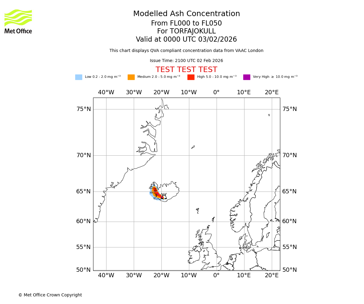 Modelled ash concentration from 000 to 050 for TORFAJOKULL. Valid at 0000 UTC 03/02/2026