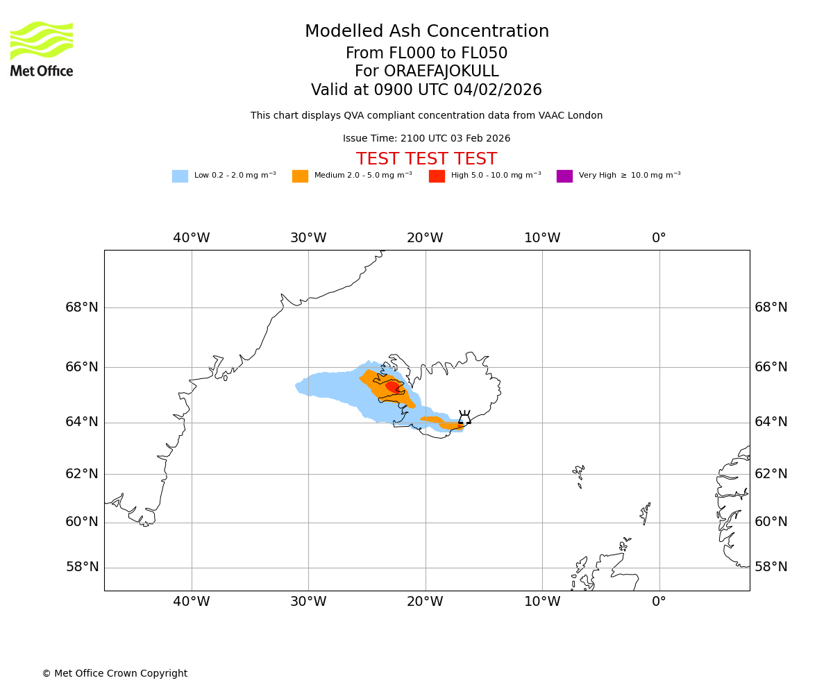 Modelled ash concentration from 000 to 050 for ORAEFAJOKULL. Valid at 0900 UTC 04/02/2026