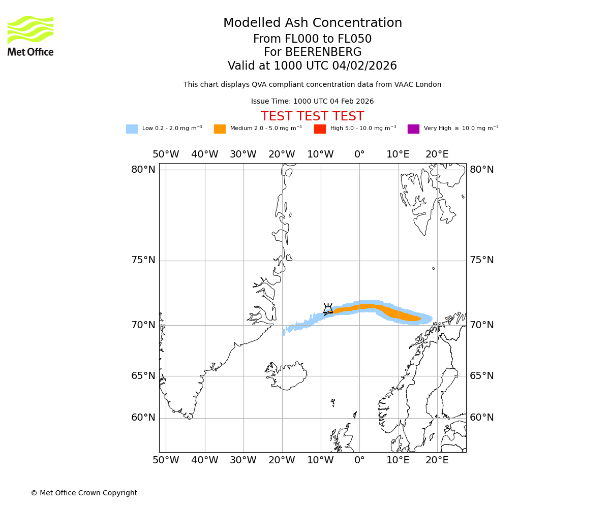 Modelled ash concentration from 000 to 050 for BEERENBERG. Valid at 1000 UTC 04/02/2026