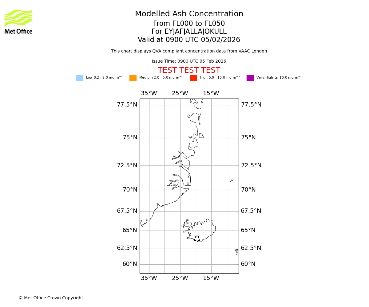 Modelled ash concentration from 000 to 050 for EYJAFJALLAJOKULL. Valid at 0900 UTC 05/02/2026