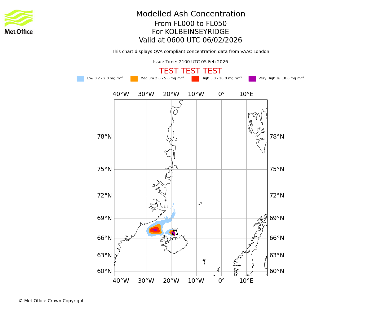 Modelled ash concentration from 000 to 050 for KOLBEINSEYRIDGE. Valid at 0600 UTC 06/02/2026