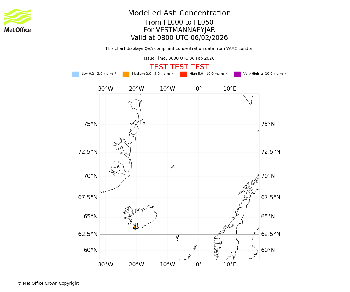 Modelled ash concentration from 000 to 050 for VESTMANNAEYJAR. Valid at 0800 UTC 06/02/2026