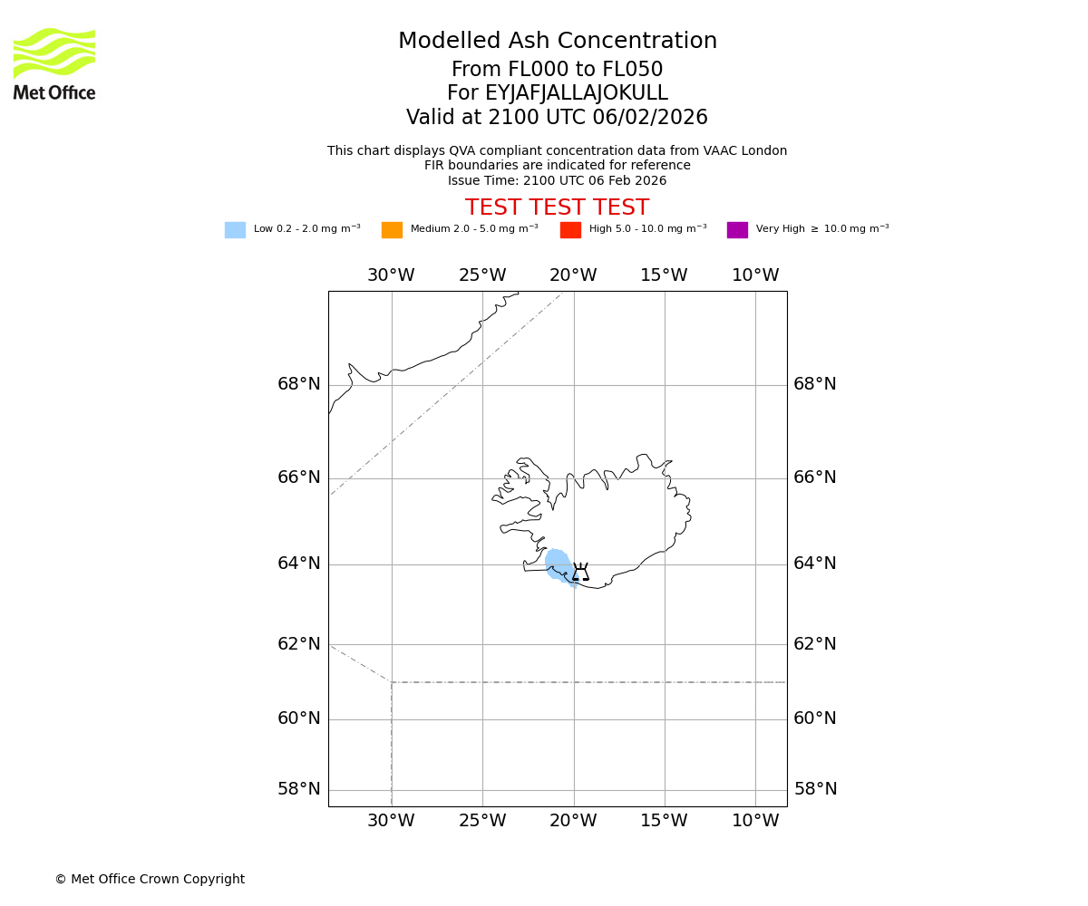 Modelled ash concentration from 000 to 050 for EYJAFJALLAJOKULL. Valid at 2100 UTC 06/02/2026