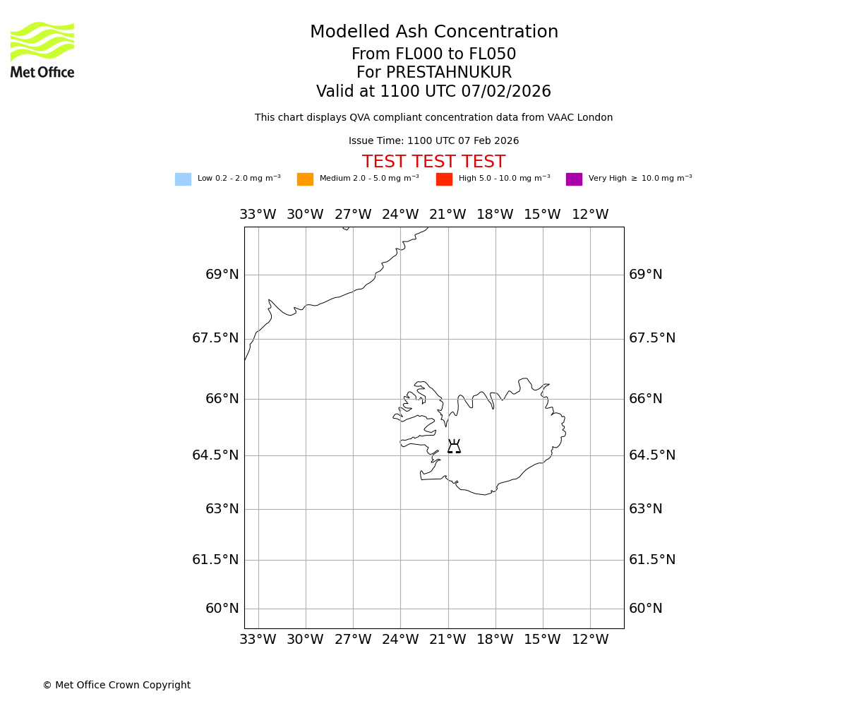 Modelled ash concentration from 000 to 050 for PRESTAHNUKUR. Valid at 1100 UTC 07/02/2026