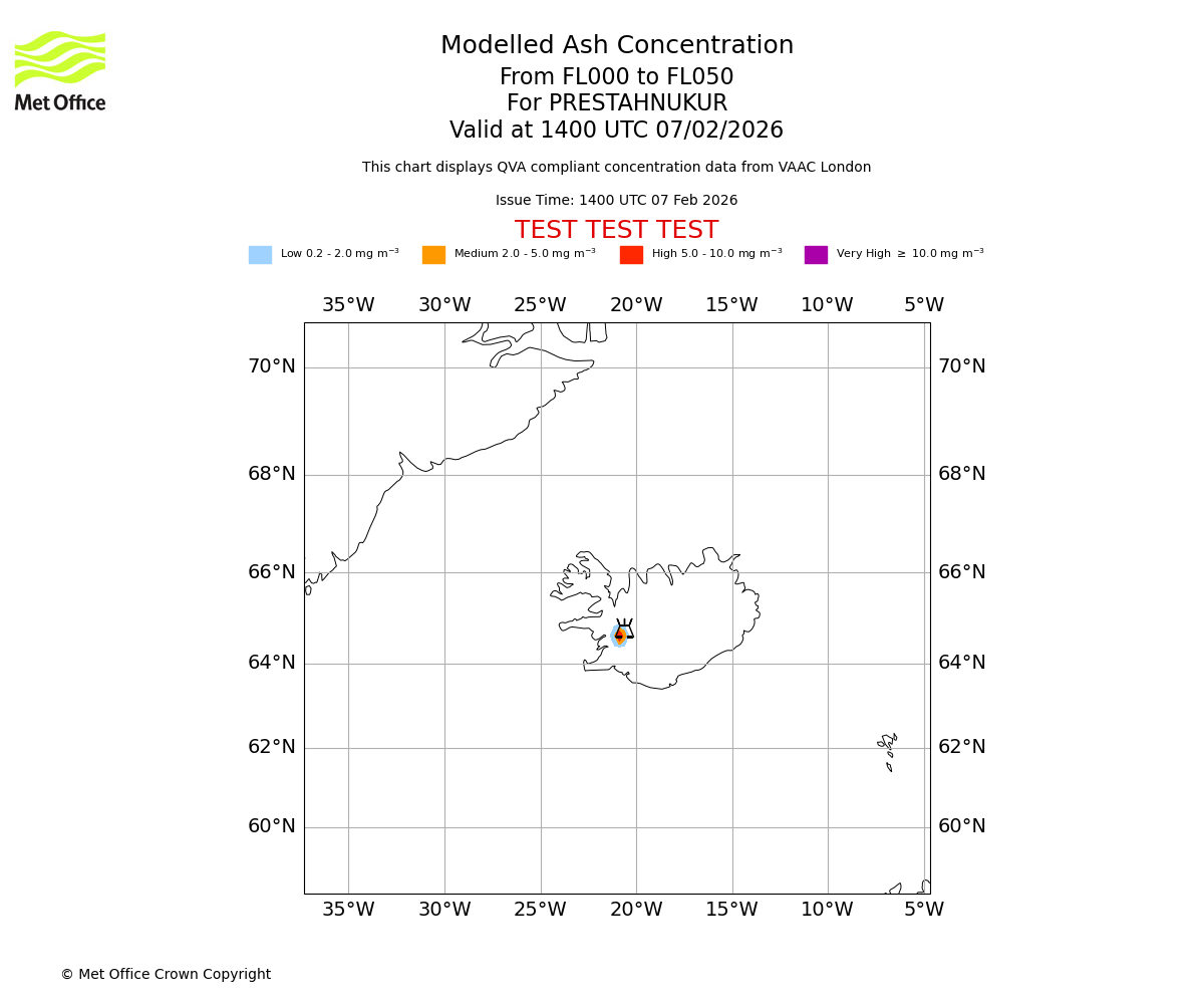 Modelled ash concentration from 000 to 050 for PRESTAHNUKUR. Valid at 1400 UTC 07/02/2026