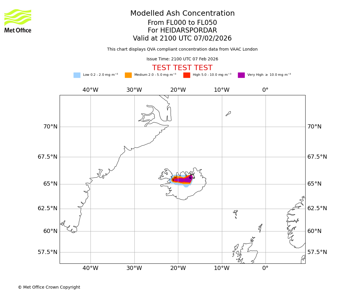Modelled ash concentration from 000 to 050 for HEIDARSPORDAR. Valid at 2100 UTC 07/02/2026