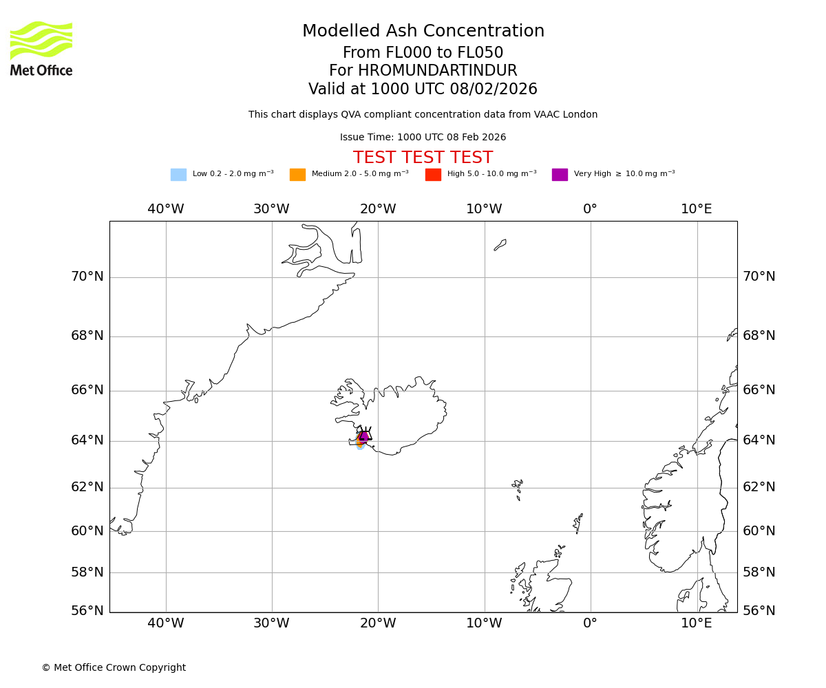 Modelled ash concentration from 000 to 050 for HROMUNDARTINDUR. Valid at 1000 UTC 08/02/2026