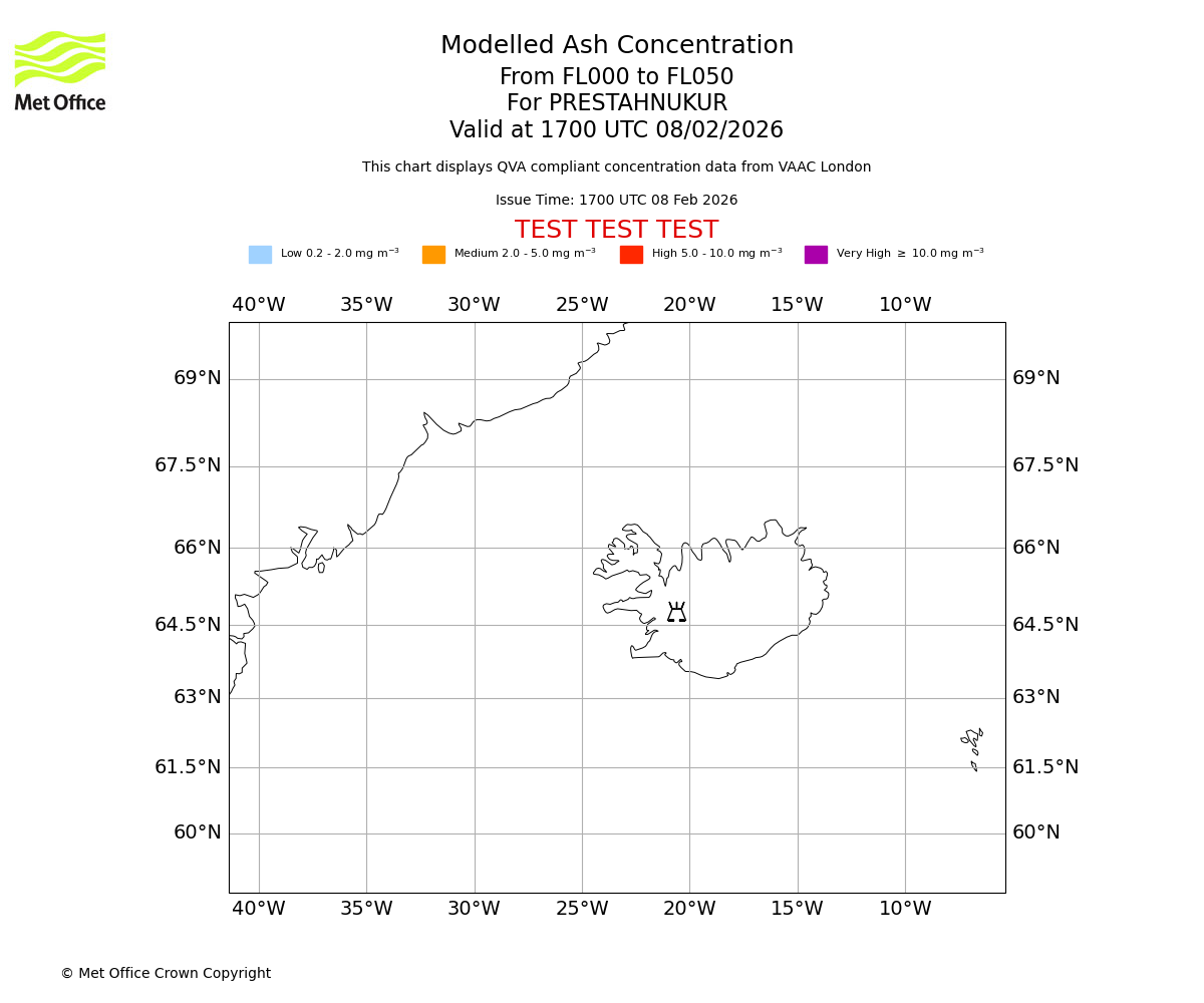 Modelled ash concentration from 000 to 050 for PRESTAHNUKUR. Valid at 1700 UTC 08/02/2026