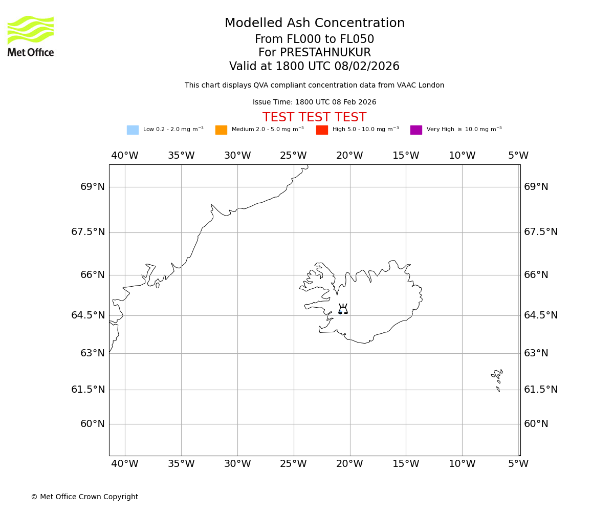 Modelled ash concentration from 000 to 050 for PRESTAHNUKUR. Valid at 1800 UTC 08/02/2026