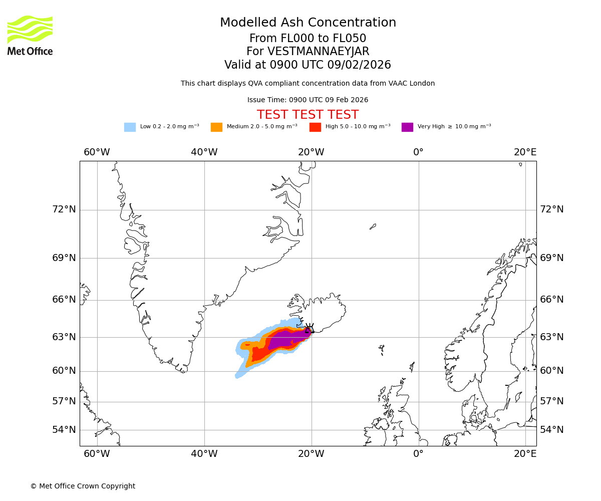 Modelled ash concentration from 000 to 050 for VESTMANNAEYJAR. Valid at 0900 UTC 09/02/2026