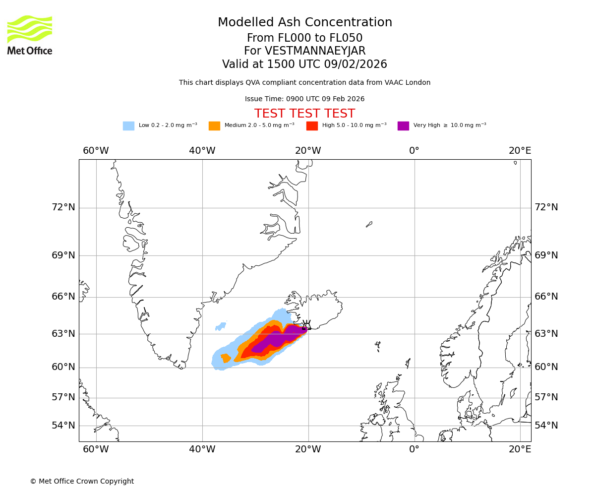 Modelled ash concentration from 000 to 050 for VESTMANNAEYJAR. Valid at 1500 UTC 09/02/2026