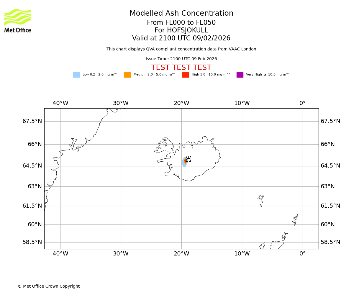 Modelled ash concentration from 000 to 050 for HOFSJOKULL. Valid at 2100 UTC 09/02/2026