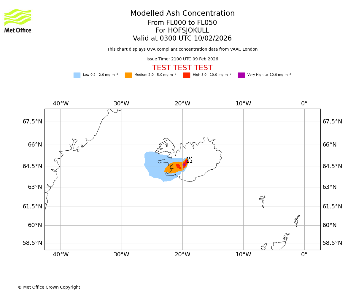 Modelled ash concentration from 000 to 050 for HOFSJOKULL. Valid at 0300 UTC 10/02/2026