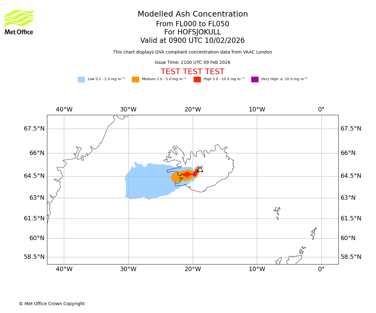 Modelled ash concentration from 000 to 050 for HOFSJOKULL. Valid at 0900 UTC 10/02/2026
