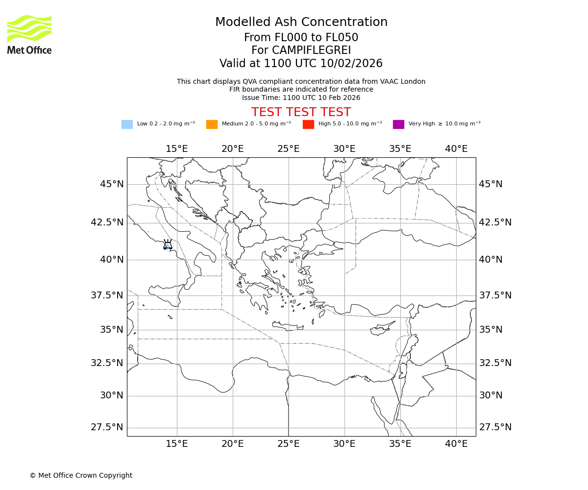 Modelled ash concentration from 000 to 050 for CAMPIFLEGREI. Valid at 1100 UTC 10/02/2026