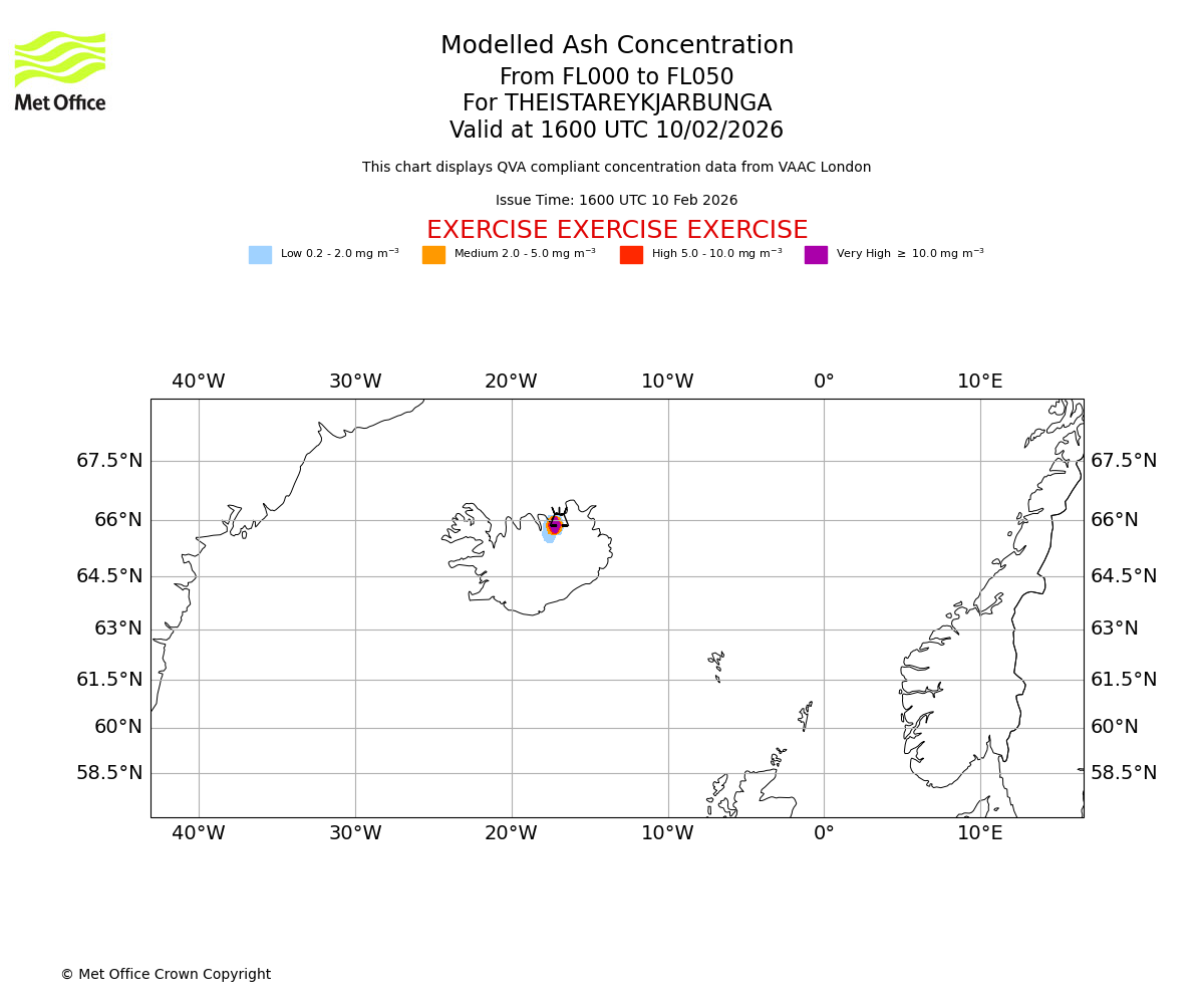 Modelled ash concentration from 000 to 050 for THEISTAREYKJARBUNGA. Valid at 1600 UTC 10/02/2026