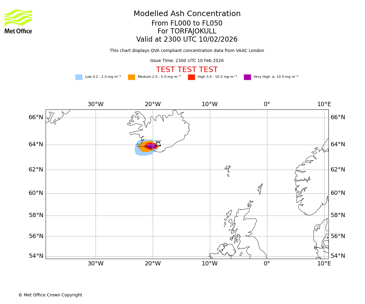 Modelled ash concentration from 000 to 050 for TORFAJOKULL. Valid at 2300 UTC 10/02/2026