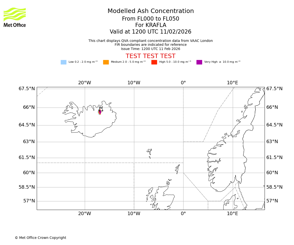 Modelled ash concentration from 000 to 050 for KRAFLA. Valid at 1200 UTC 11/02/2026