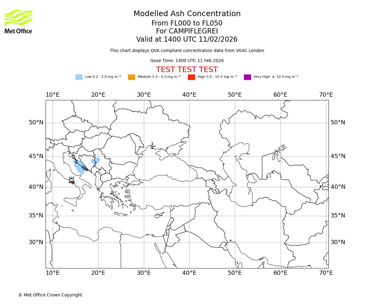 Modelled ash concentration from 000 to 050 for CAMPIFLEGREI. Valid at 1400 UTC 11/02/2026