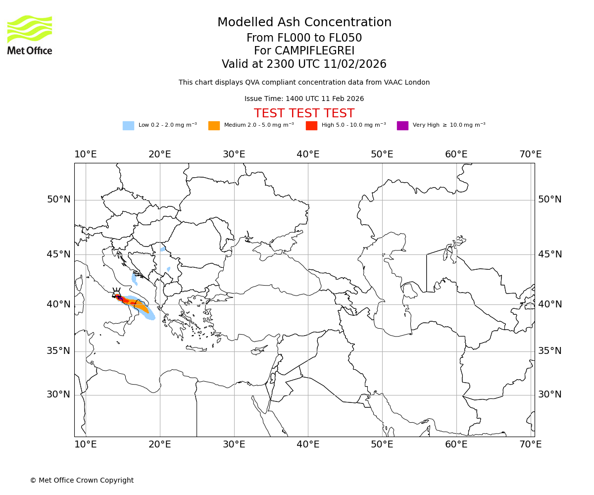Modelled ash concentration from 000 to 050 for CAMPIFLEGREI. Valid at 2300 UTC 11/02/2026