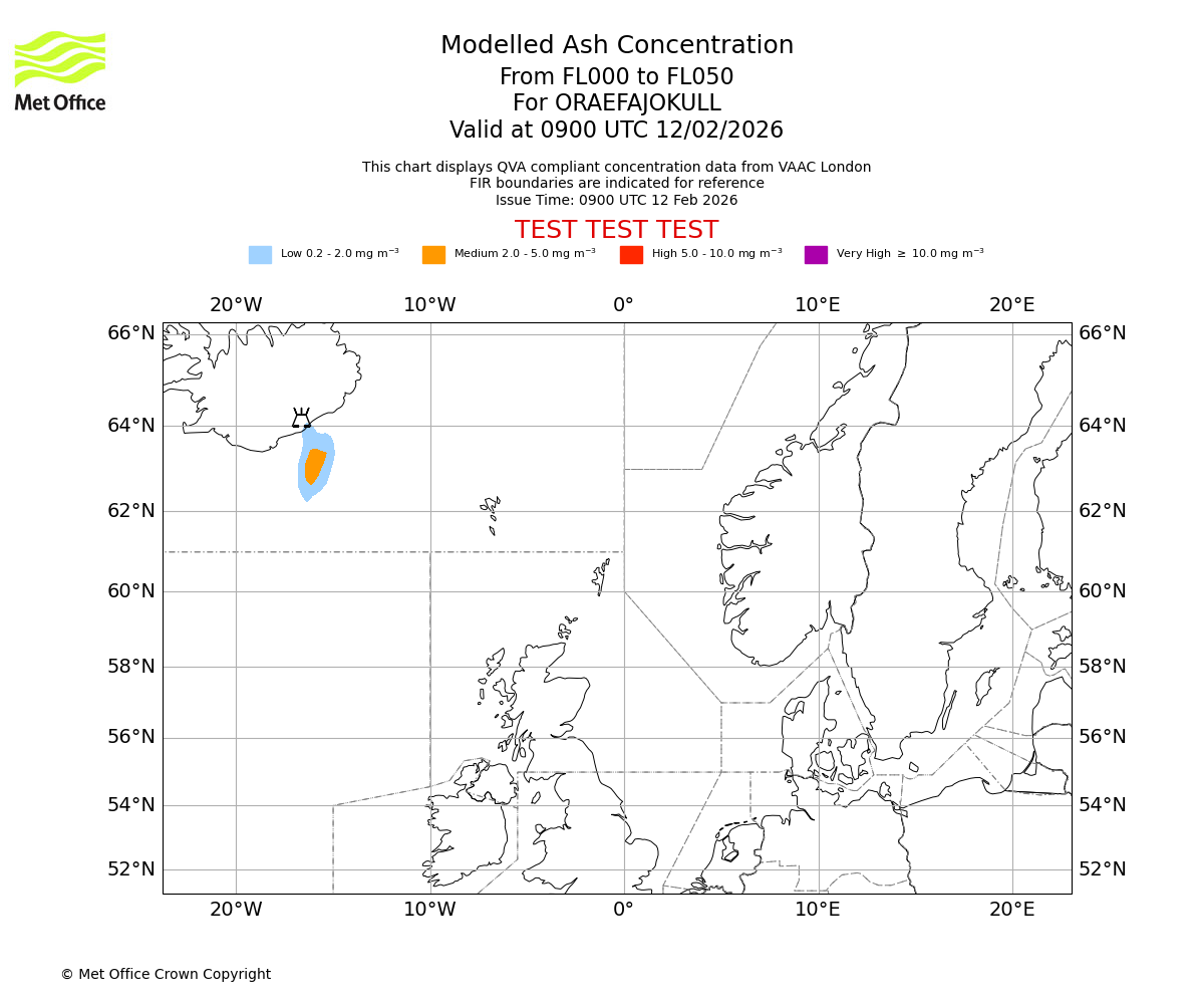 Modelled ash concentration from 000 to 050 for ORAEFAJOKULL. Valid at 0900 UTC 12/02/2026
