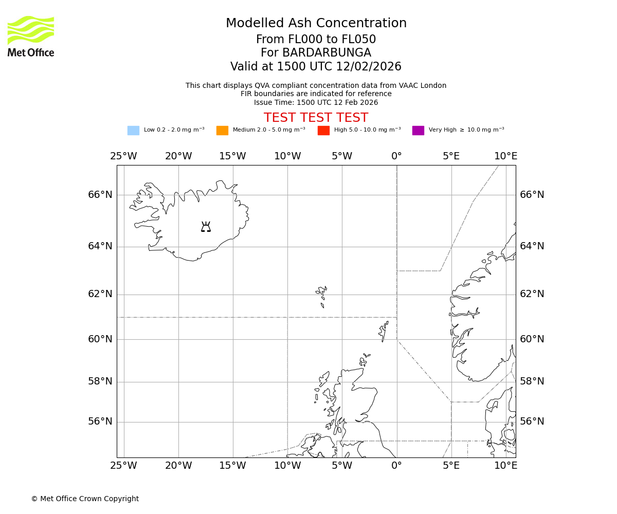 Modelled ash concentration from 000 to 050 for BARDARBUNGA. Valid at 1500 UTC 12/02/2026