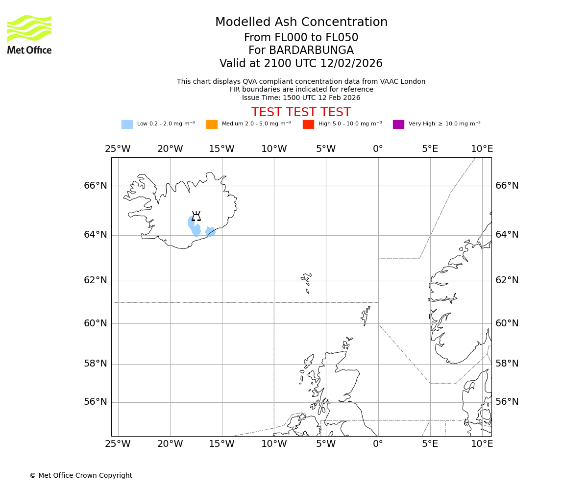 Modelled ash concentration from 000 to 050 for BARDARBUNGA. Valid at 2100 UTC 12/02/2026