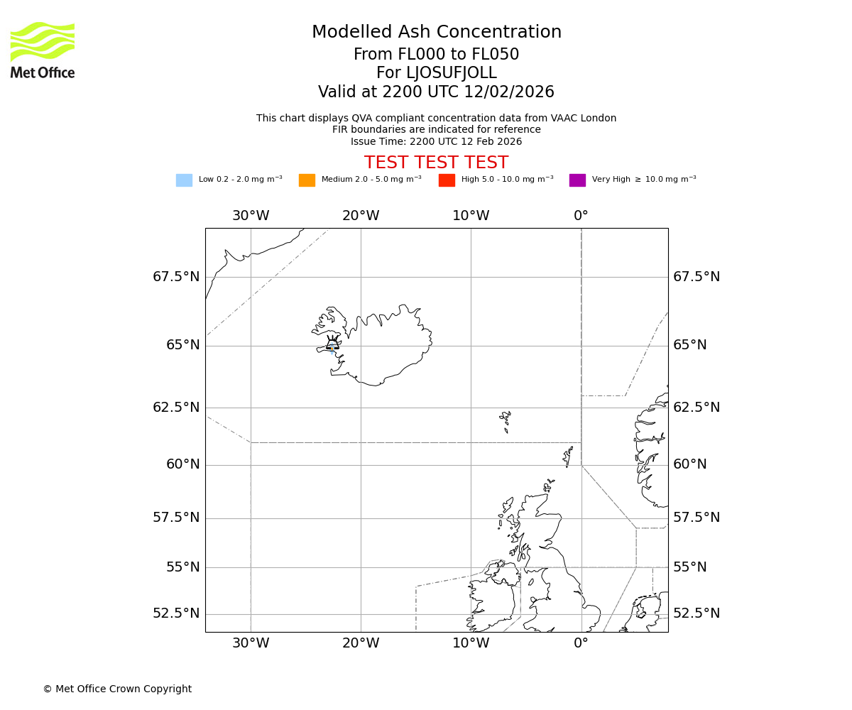 Modelled ash concentration from 000 to 050 for LJOSUFJOLL. Valid at 2200 UTC 12/02/2026