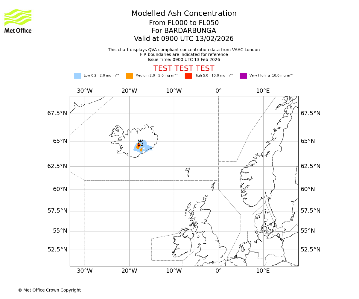 Modelled ash concentration from 000 to 050 for BARDARBUNGA. Valid at 0900 UTC 13/02/2026