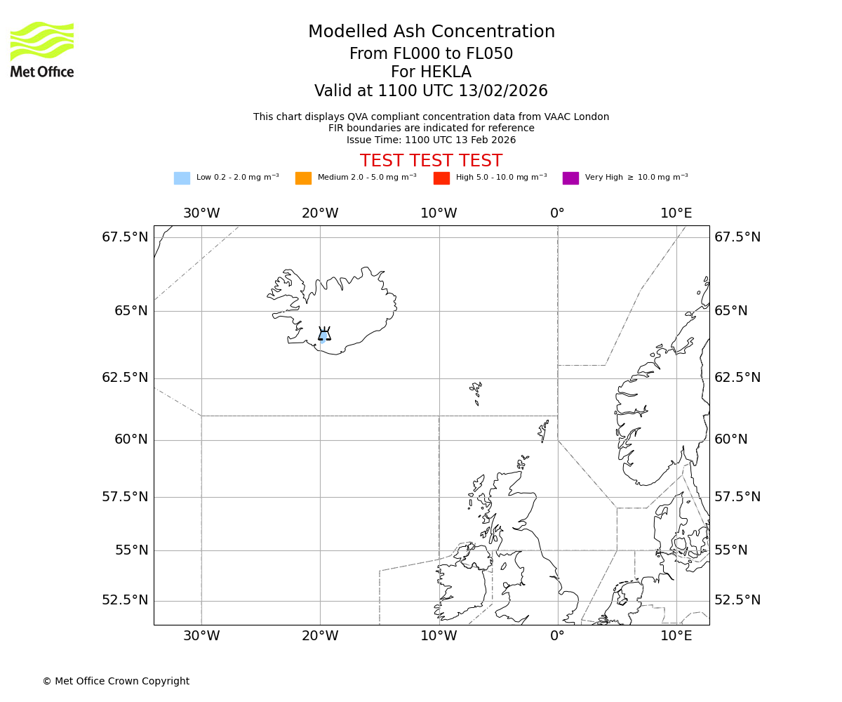 Modelled ash concentration from 000 to 050 for HEKLA. Valid at 1100 UTC 13/02/2026
