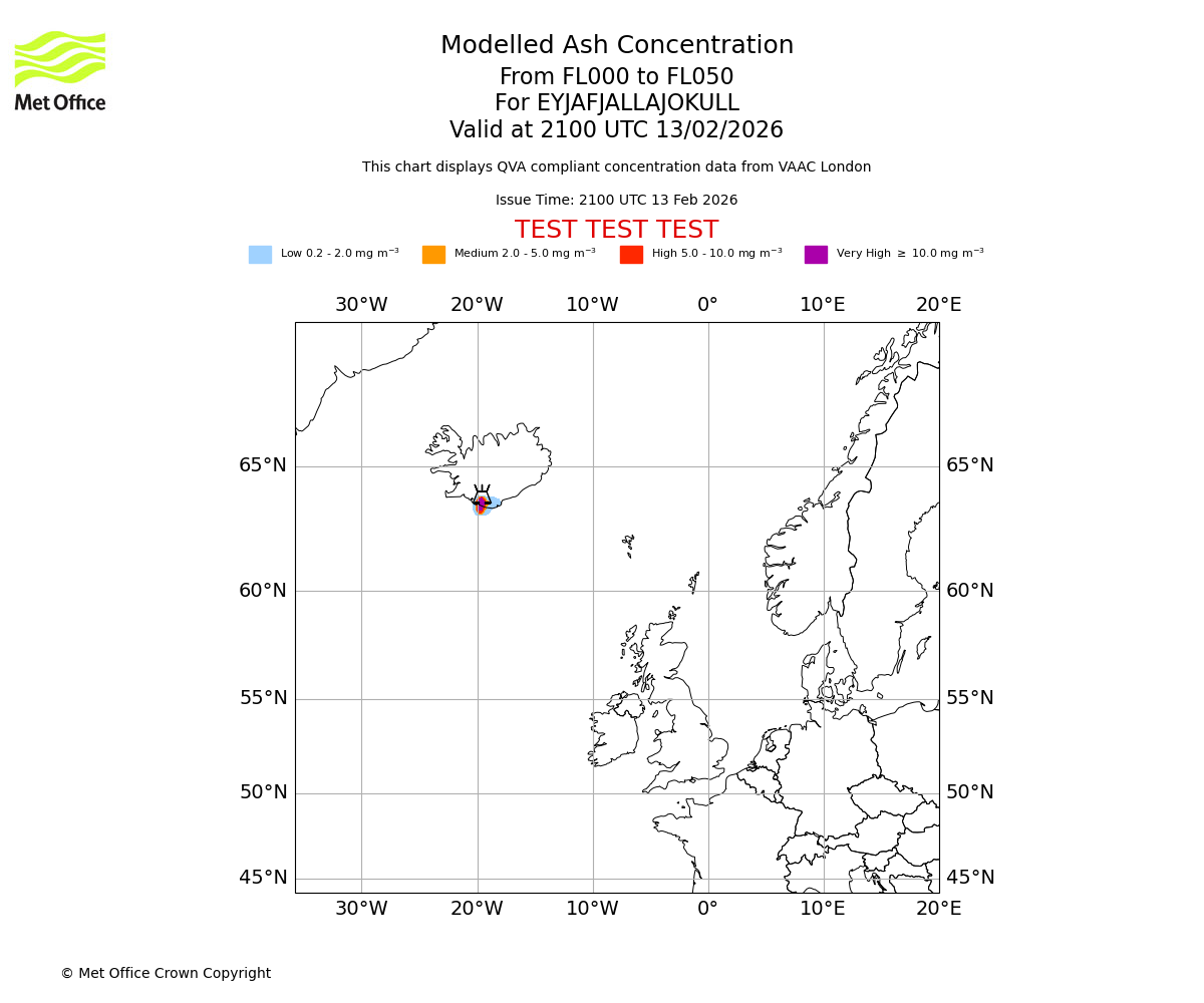 Modelled ash concentration from 000 to 050 for EYJAFJALLAJOKULL. Valid at 2100 UTC 13/02/2026