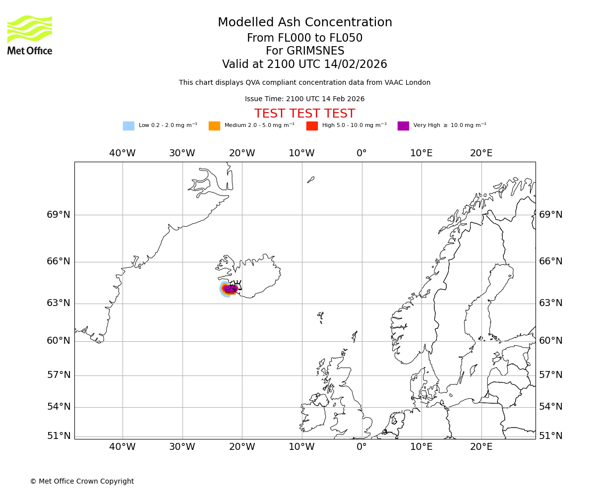 Modelled ash concentration from 000 to 050 for GRIMSNES. Valid at 2100 UTC 14/02/2026