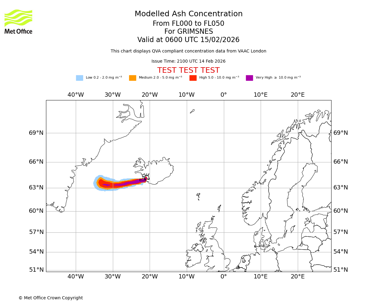 Modelled ash concentration from 000 to 050 for GRIMSNES. Valid at 0600 UTC 15/02/2026