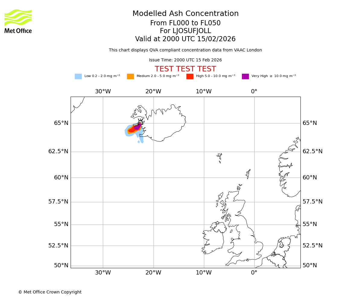 Modelled ash concentration from 000 to 050 for LJOSUFJOLL. Valid at 2000 UTC 15/02/2026