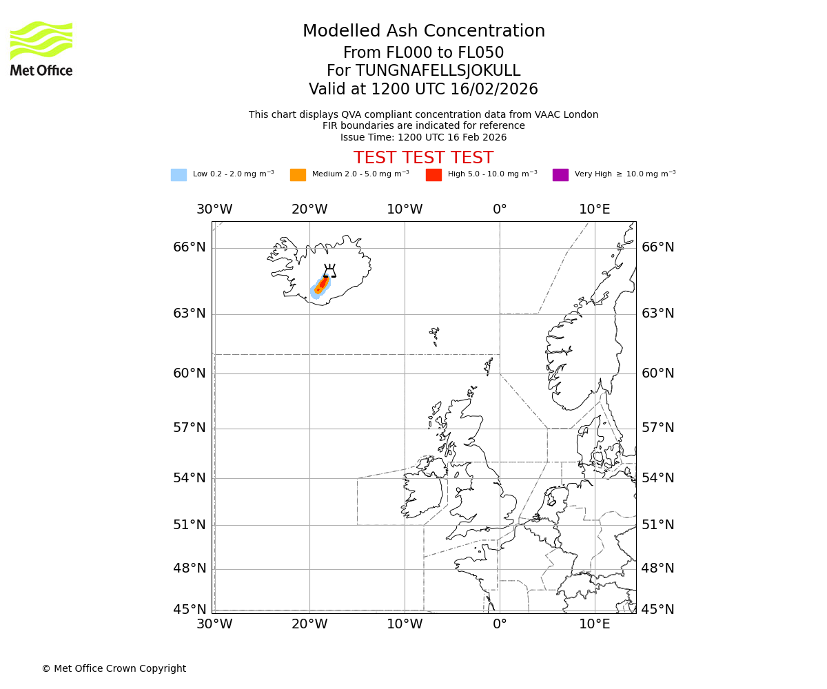 Modelled ash concentration from 000 to 050 for TUNGNAFELLSJOKULL. Valid at 1200 UTC 16/02/2026