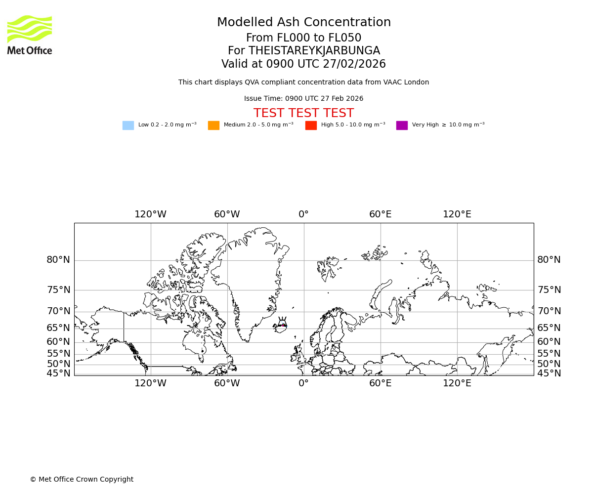 Modelled ash concentration from 000 to 050 for THEISTAREYKJARBUNGA. Valid at 0900 UTC 27/02/2026
